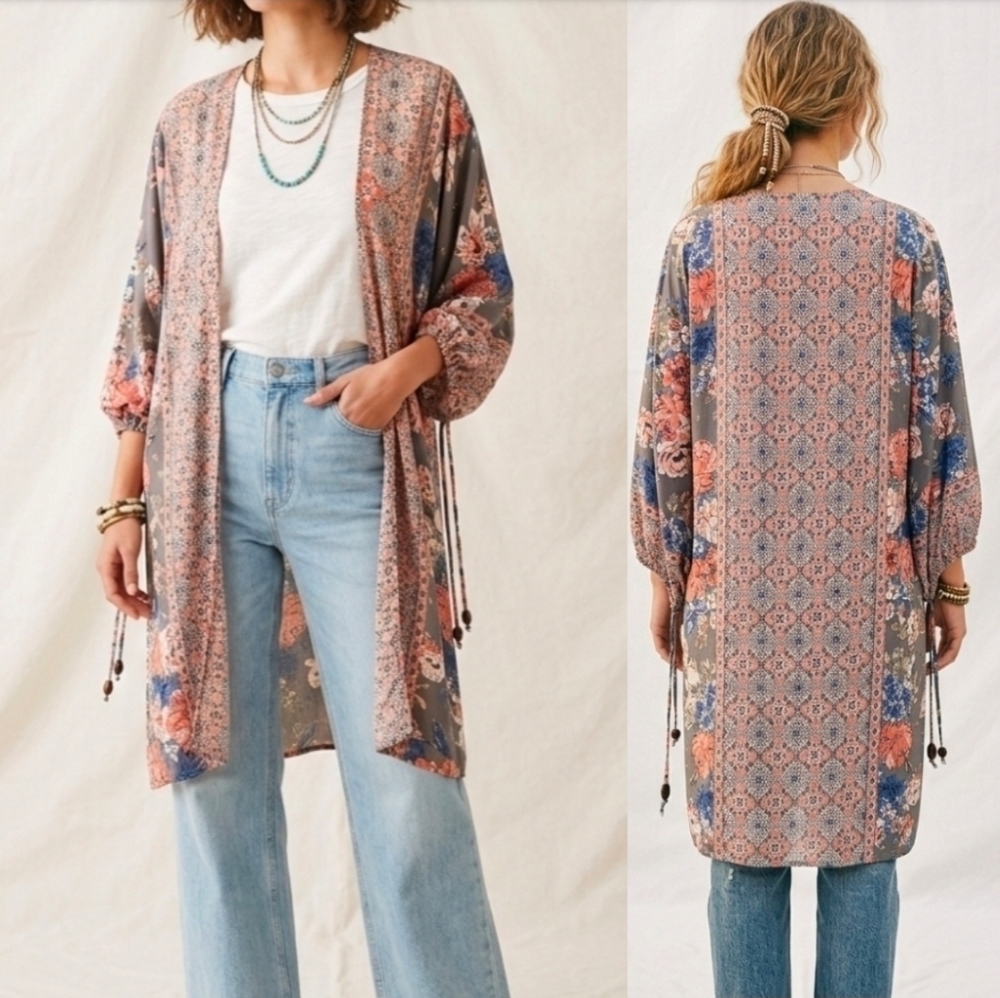 Angie Floral Kimono Boho Duster‎ Outfit Topper Vacation Lightweight Size Small